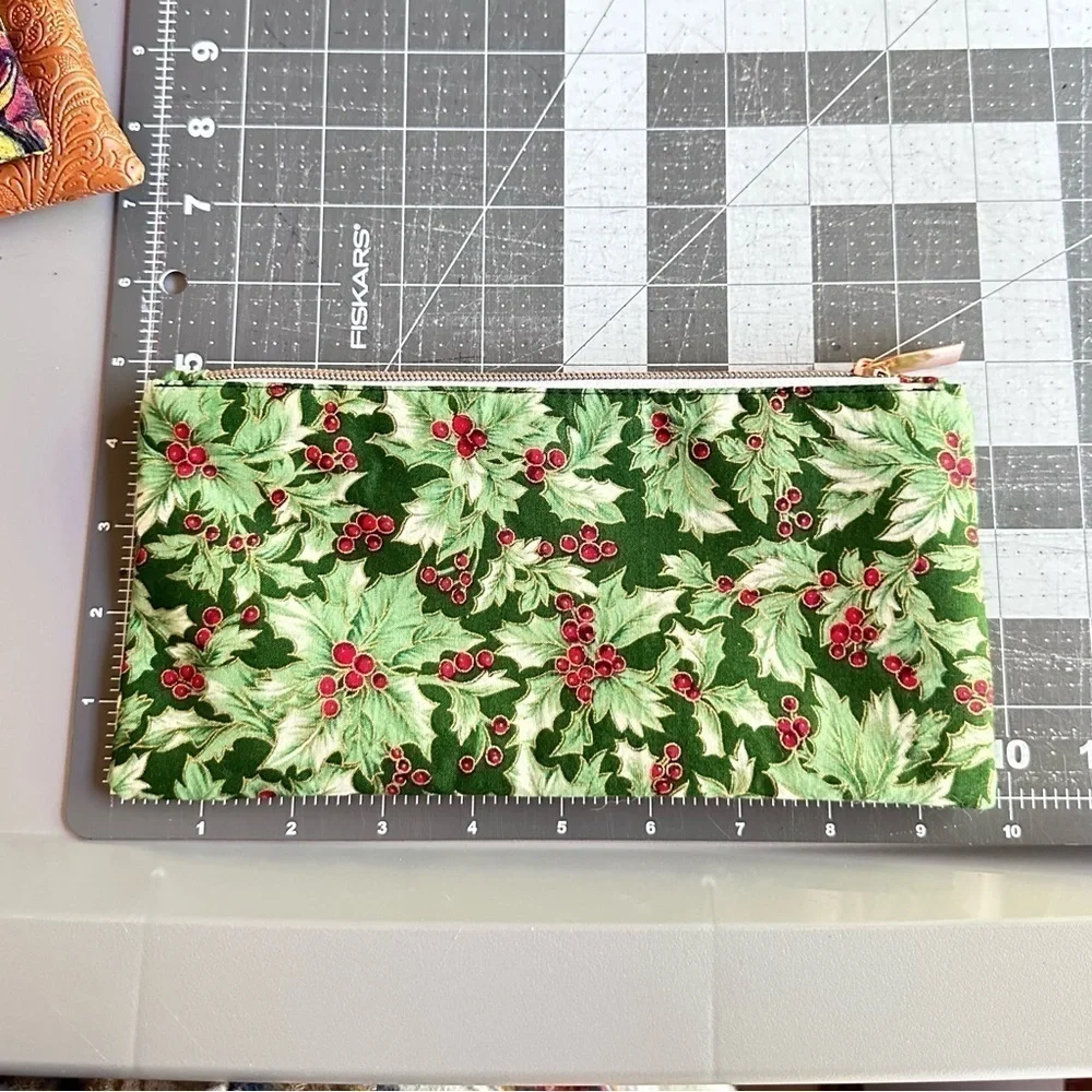 Holly berry bag pouch rose gold zipper cotton snowflake glitter linings